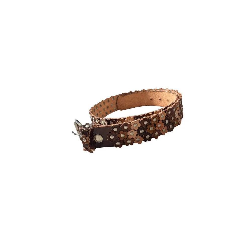 Y2K Brown Leather Floral Studded Belt Large 3D Flower Applique Boho 38in